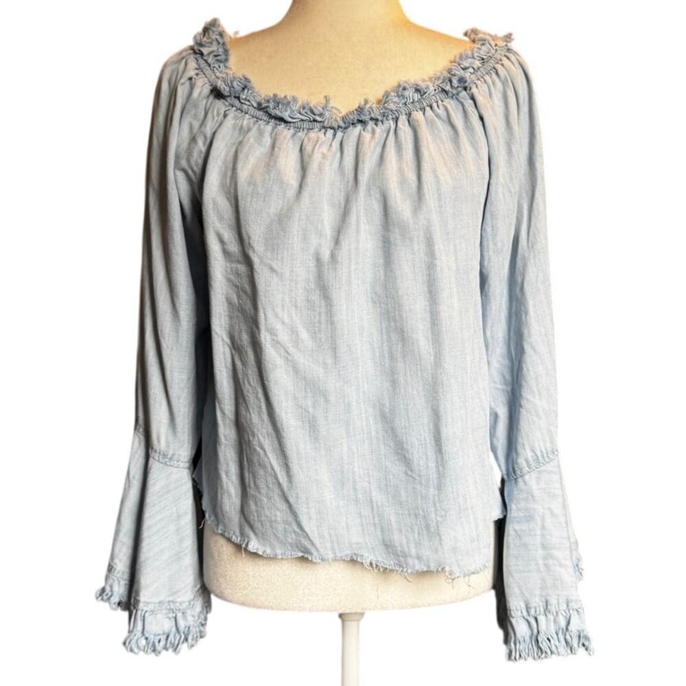 Ramy Brook Off Shoulder Boho Top Blue Frayed Hem Bell Sleeve Small